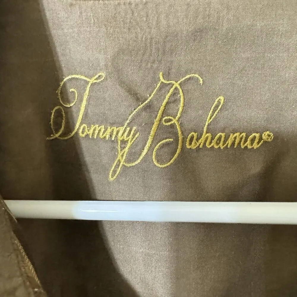 Tommy‎ Bahama Mens Cotton Button Up Shirt Brown w/ Stipes Floral Trim - Xl